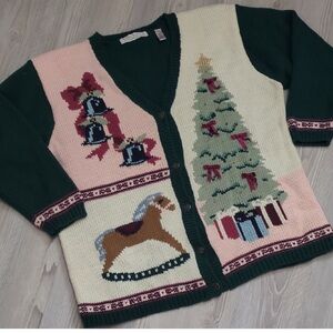 Karen Scott 2X Festive Holiday Cardigan Sweater Tree Rocking Horse Christmas